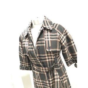 BB Dakota Jacket Over Coat Lined Belt 1/2 Sleeves Wool Blend Plaid Checks S Gray
